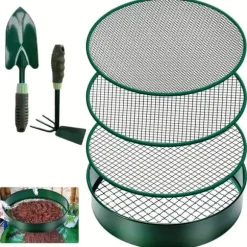 OBOSOE Rostfritt stål-jordsållset med 4 utbytbara såll och spade - Finsågad trädgårdssåll för sand, sten, jord och kompost