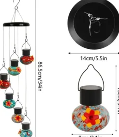 OBOSOE Solcells Hummingbird Feeder med Vindklocka – 6 Läcksäkra Glasportar, Frostad Design och Multicolor Nattljus