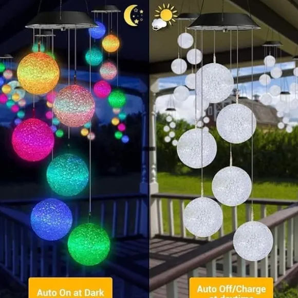 OBOSOE Solcellsdriven Vindspel – 6 LED-ljusbollar med Färgskifte & IP44 Vattentät Design