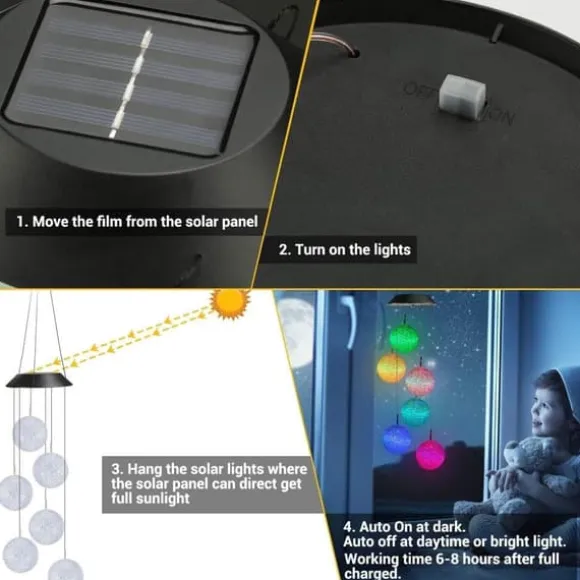 OBOSOE Solcellsdriven Vindspel – 6 LED-ljusbollar med Färgskifte & IP44 Vattentät Design