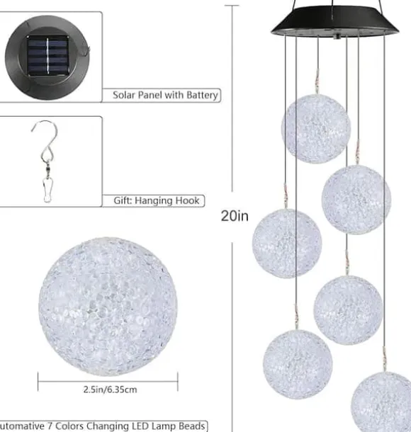 OBOSOE Solcellsdriven Vindspel – 6 LED-ljusbollar med Färgskifte & IP44 Vattentät Design