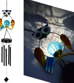 OBOSOE Solcellsdrivet Vindspel med Uggla – 100 cm Vattentålig Trädgårdsdekoration i Metall för Utomhusbruk