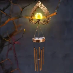 OBOSOE Solpowerad Vindspel med LED-belysning - Djup ton & hjärtformad design | Kracklererad glaskula som reflekterar ljus | Perfekt hängdekor till trä | CDON