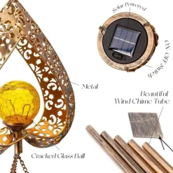 OBOSOE Solpowerad Vindspel med LED-belysning - Djup ton & hjärtformad design | Kracklererad glaskula som reflekterar ljus | Perfekt hängdekor till trä | CDON