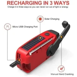 OBOSOE Vevradio med Solceller, Ficklampa och 2000mAh Powerbank SOS, röd