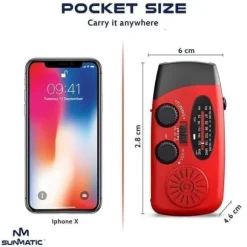 OBOSOE Vevradio med Solceller, LED Ficklampa och 2000mAh Powerbank SOS SUNMATIC - Väderradio för hem- och campingnödsituationer med AM/FM-radio