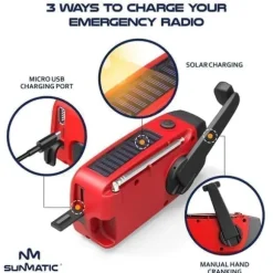 OBOSOE Vevradio med Solceller, LED Ficklampa och 2000mAh Powerbank SOS SUNMATIC - Väderradio för hem- och campingnödsituationer med AM/FM-radio