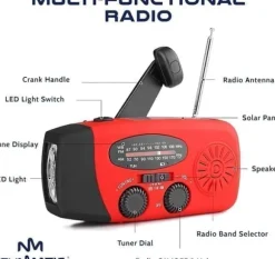 OBOSOE Vevradio med Solceller, LED Ficklampa och 2000mAh Powerbank SOS SUNMATIC - Väderradio för hem- och campingnödsituationer med AM/FM-radio