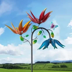 OBOSOE Vinddriven blomster-vindmölla – färgglad trädgårdsdekor, gårdsprydnad, utomhusskulptur