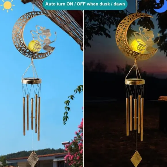 OBOSOE Vindspel med Solcell & Månfe – Sprucken Glasboll & Ljus för Trädgård, Gåva till Mamma & Mormor