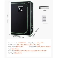 Odlings tält, 120x120x200 cm, Svart, Reflekterande Mylar, Inomhusodling