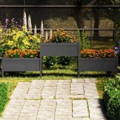 Odlingslåda i massiv furu - Upphöjd planteringsenhet med 3 blomlådor | Färg: Grå | Storlek: 245,5x44x75 cm