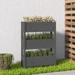 Odlingslåda i massiv furu - Stabil design med 3 blomlådor | Färg: Grå | Storlek: 77x25x104,5 cm