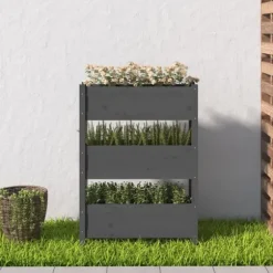 Odlingslåda i massiv furu - Stabil design med 3 blomlådor | Färg: Grå | Storlek: 77x25x104,5 cm