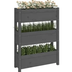 Odlingslåda i massiv furu - Stabil design med 3 blomlådor | Färg: Grå | Storlek: 77x25x104,5 cm