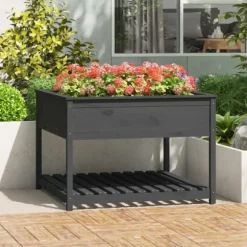 Odlingslåda med hylla grå 111,5x111,5x81 cm massiv furu