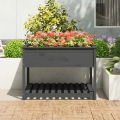 Odlingslåda med hylla grå 111,5x111,5x81 cm massiv furu