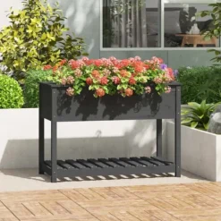 Odlingslåda med hylla i massiv furu - Ergonomisk och stabil | Färg: Grå | Storlek: 111,5x54x81 cm