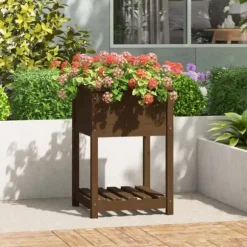 Odlingslåda med hylla i massiv furu - Elegant design | Färg: Honungsbrun | Storlek: 54x54x81 cm