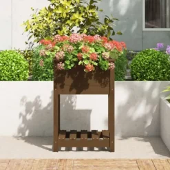Odlingslåda med hylla i massiv furu - Elegant design | Färg: Honungsbrun | Storlek: 54x54x81 cm