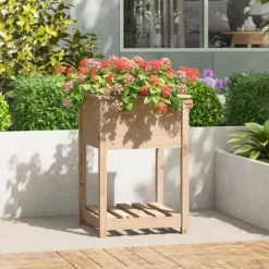 Odlingslåda med hylla i massiv furu - Ergonomisk och praktisk | Storlek: 54x54x81 cm | Färg: Natur