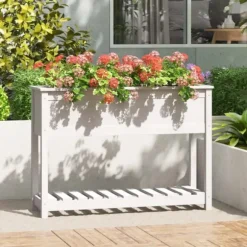 Odlingslåda med hylla vit 111,5x34,5x81 cm massiv furu