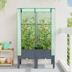 Odlingslåda med växthusöverdrag rottinglook 80x40x140 cm