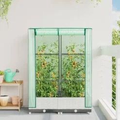 Odlingslåda med växthusöverdrag rottinglook 80x40x123 cm