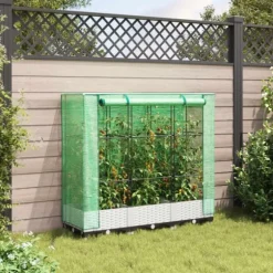 Odlingslåda med växthusöverdrag rottinglook 120x40x123 cm