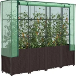 Odlingslåda med växthusöverdrag rottinglook 160x40x153 cm