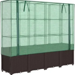 Odlingslåda med växthusöverdrag rottinglook 160x40x153 cm