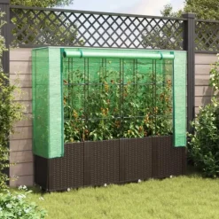 Odlingslåda med växthusöverdrag rottinglook 160x40x153 cm