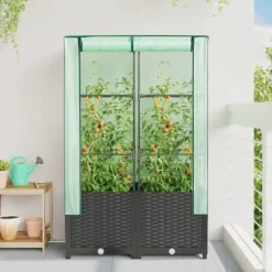 Odlingslåda med växthusöverdrag rottinglook 80x40x138 cm