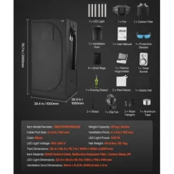 Odlingslådeset, 100x100x200 cm, Svart, För inomhusodling av växter