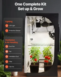 Odlingstält - Inomhus Växttält Kit - 100 x 100 x 200 cm - Fullspektrum LED-växtljus - Ventilationssystem - 600D Högreflekterande Mylar