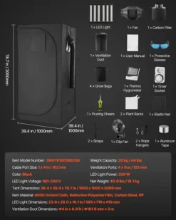 Odlingstält - Inomhus Växttält Kit - 100 x 100 x 200 cm - Fullspektrum LED-växtljus - Ventilationssystem - 600D Högreflekterande Mylar