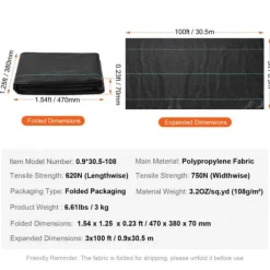 Ogräsbarriär Tyg, 3*100FT Kraftigt Ogräskontroll Tyg, Geotextil för Landskapsplanering, Svart Marktäckare.