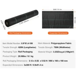 Ogräsduk, 91x9144 cm, Svart, Polypropen