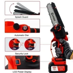 OUTIGO 6 tums sladdlös elektrisk motorsåg med 2 batterier (2*3000mAh), 3 kedjor + 1 kedjesvärd