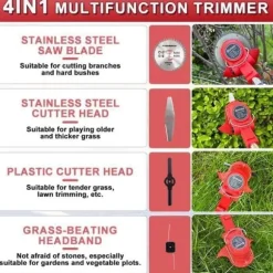 OUTIGO Trådlös Elektrisk Röjmakare, Gräsklippare med 2 Batterier och 4 Typer av Knivar, Justerbart Handtag, Fällbar