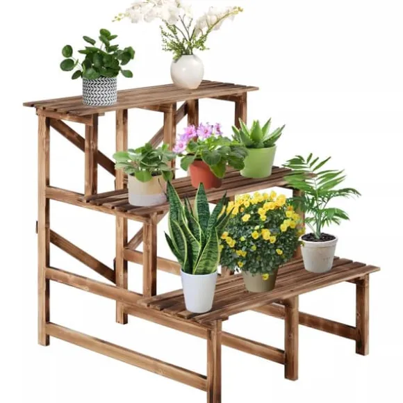 Outsunny Blomstertrappa i Granträ - 3 steg, 80x80x78cm, Natur