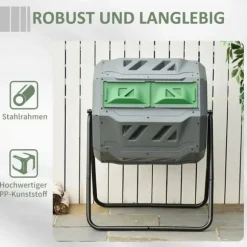 Outsunny Kompostbehållare 160L, vridbar, dubbelkammare, grå, stål/PP