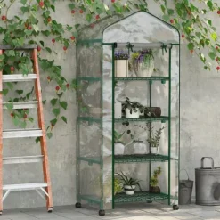 Outsunny Miniväxthus med Stålram och 4 Hyllplan, Transparent, 69 x 50 x 165 cm