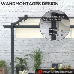 Outsunny Pergola 3x3m med infällbart tak, väggmonterad, vindtålig & vattentät, creme polyester