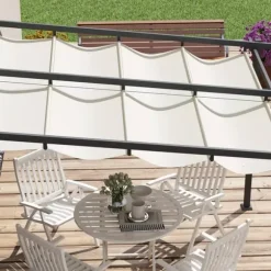 Outsunny Pergola 3x3m med infällbart tak, väggmonterad, vindtålig & vattentät, creme polyester