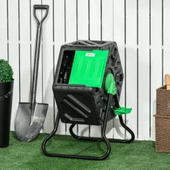 Outsunny Snurrkompost 65L i Plast Grön/Svart - Vädertålig Trädgårdskompost med Ventilationssystem