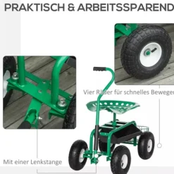 Outsunny Trädgårdsvagn med Svängbar Sits, Höjdjusterbar - Grön Metall, 150 kg