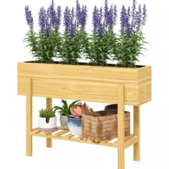Outsunny Upphfh`jt planteringslada i tannenholz med hylla 100x30x70,5 cm