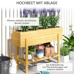 Outsunny Upphfh`jt planteringslada i tannenholz med hylla 100x30x70,5 cm