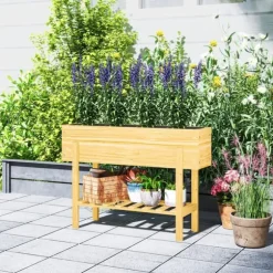 Outsunny Upphfh`jt planteringslada i tannenholz med hylla 100x30x70,5 cm